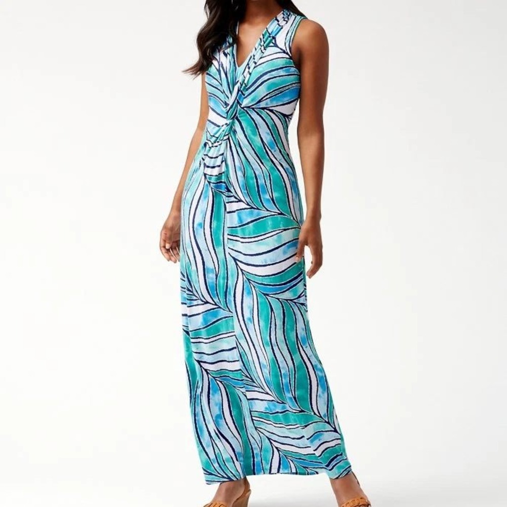 Tommy Bahama Batiki Tiki Tambour Maxi Dress Size S Deep Sea Teal Tropical NWT